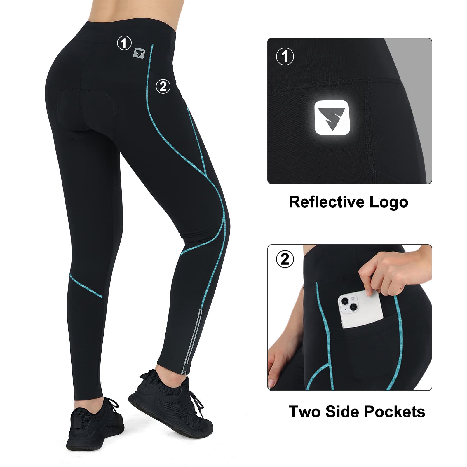 Women's Thermal Fleece Cycling Pants Padded Cold Weather Compression Bike Tights Winter Long Bicycle Pants with Pockets(BlueL,L)