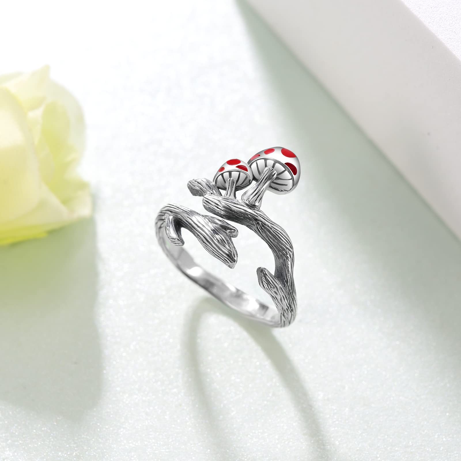 CVRAVO Mushroom Ring 925 Sterling Silver Red Mushroom Adjustable Open Ring Vintage Cute Nature Jewelry Gifts for Women