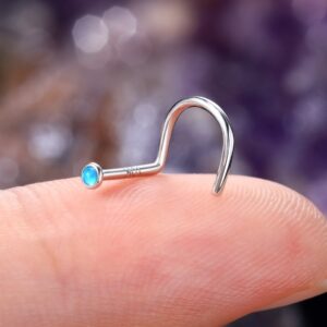 COCHARM 10k White Gold Nose Stud 20g Blue Opal Screw Nose Stud for Women Men White Gold Cute Twist Nose Stud