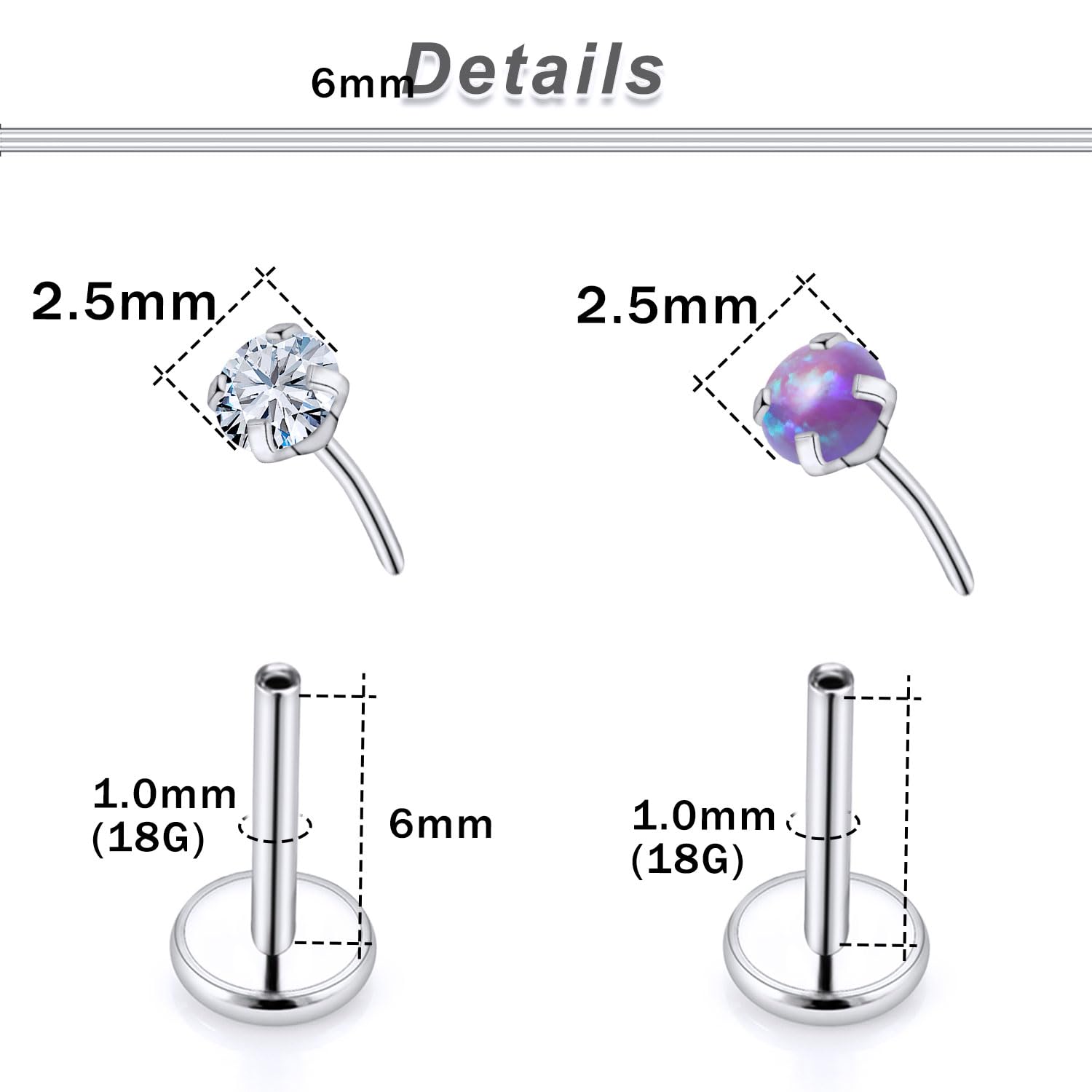 Oicctyzio 18g Threadless Push In Earrings Nose Rings Studs for Women Men Hypoallergenic Surgical Steel Flat Back Cartilage Earring Tragus Helix Lip Labret Medusa Piercing Jewelry