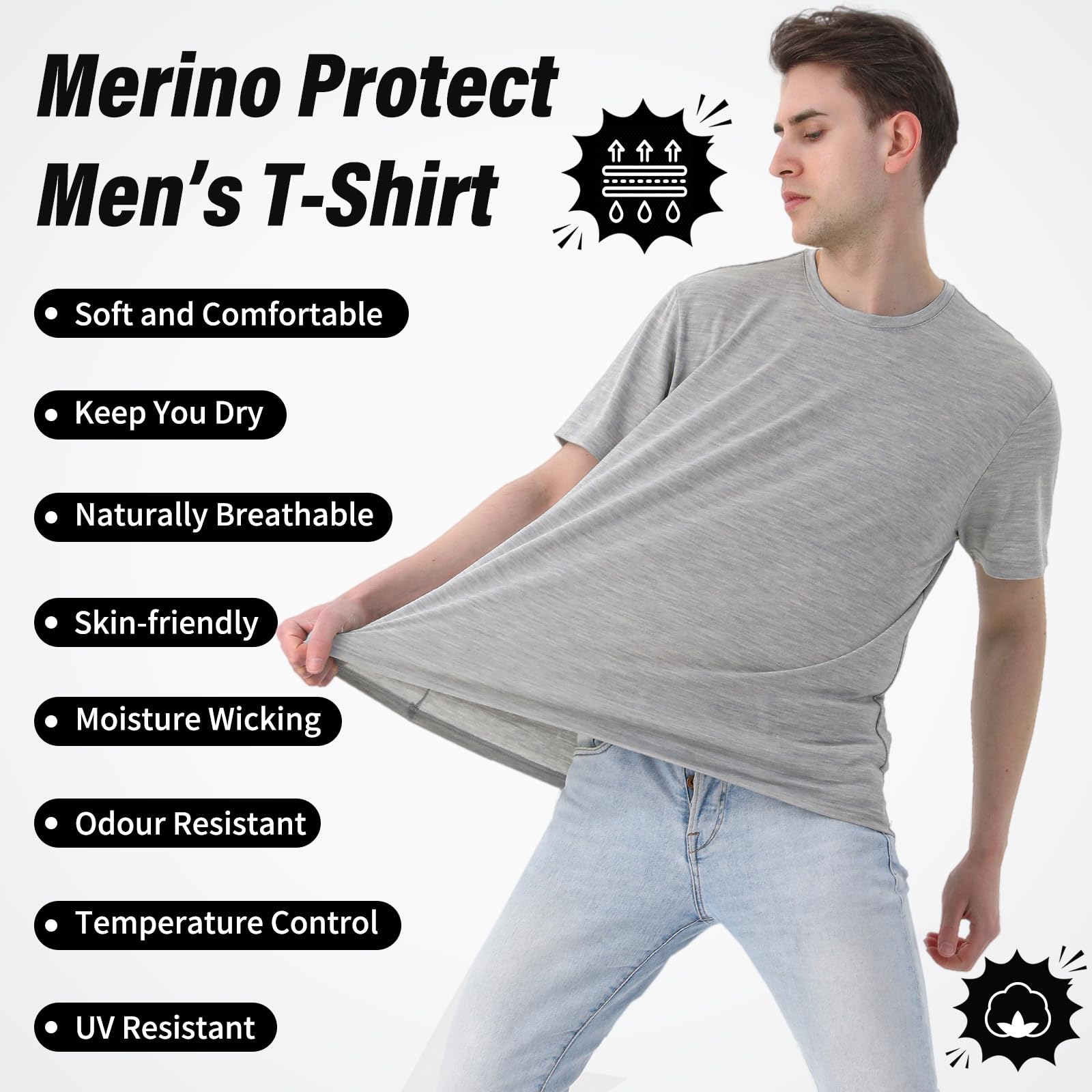 Merino Protect 100% Merino Wool T Shirts for Men Odor Resistance Base Layer Lightweight Hiking Travel T-Shirt Soft Undershirt