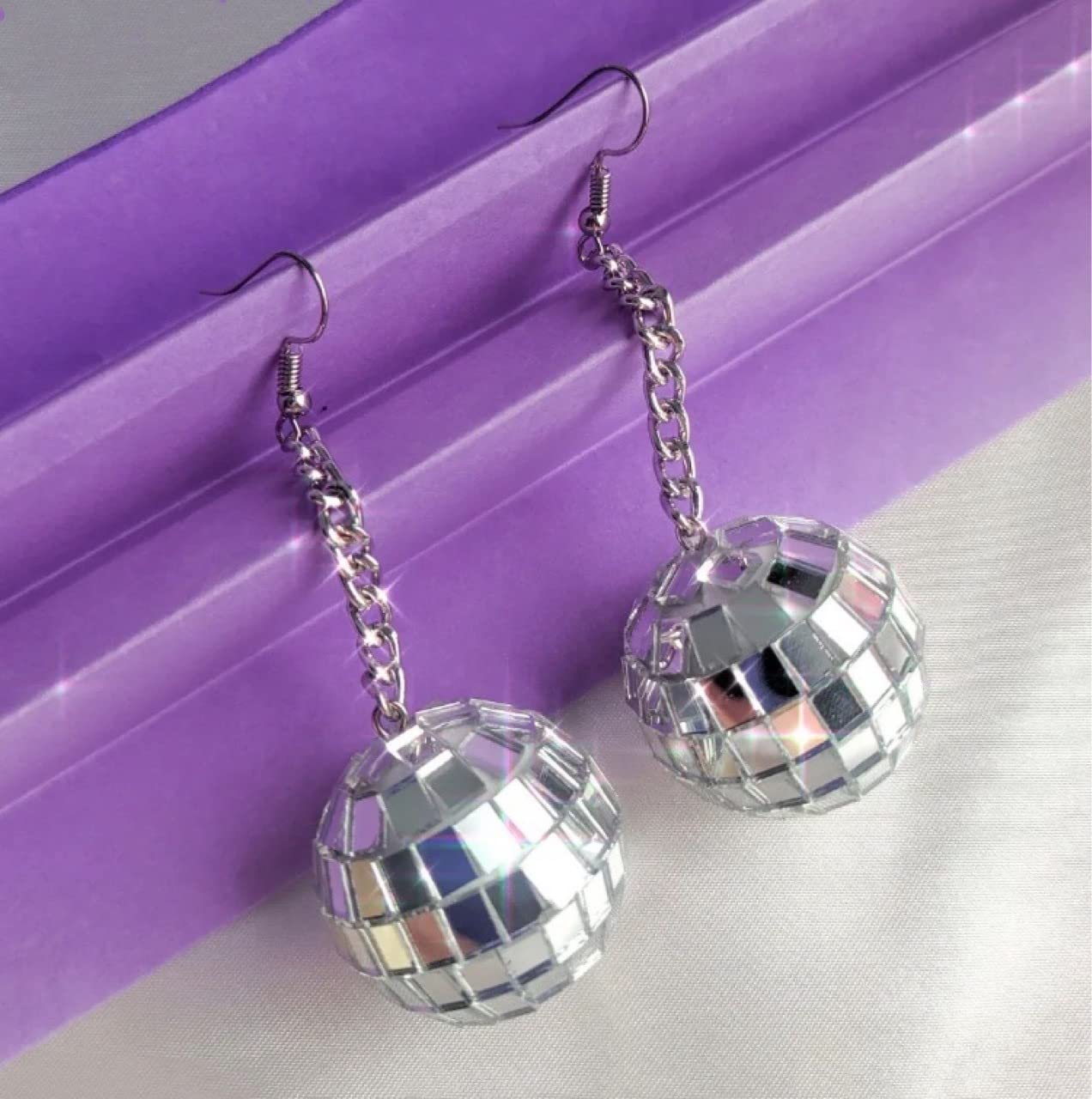 60'S 70'S Silver Mirror Disco Ball Drop Dangle Earrings Hook Chain Cool Punk for Women Classic Dance Party Halloween Costume Jewelry-Long Chain