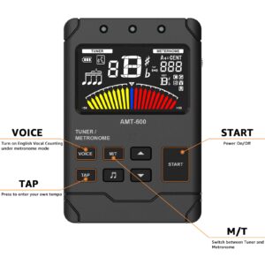 Ueteto Metronome Tuner for All Instruments, Rechargeable Digital Metronome with English Vocal Counting and TAP Function, Tuner with Guitar, Bass, Violin, Ukulele and Chromatic Tuning Modes