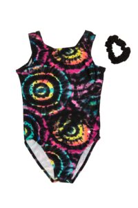 destira groovy totally tie dye girl's gymnastic leotard, black with multicolored swirls, ultra-soft leo with matching scrunchie, child l (10)