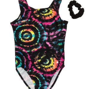 Destira Groovy Totally Tie Dye Girl's Gymnastic Leotard, Black With Multicolored Swirls, Ultra-Soft Leo With Matching Scrunchie, Child L (10)