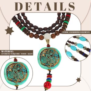 Bonuci 4 Pcs Long Boho Necklaces for Women Wood Beads Pendant Hippie Ethnic Necklace Turquoise Elephant Tribal Jewelry(Vibrant Style)