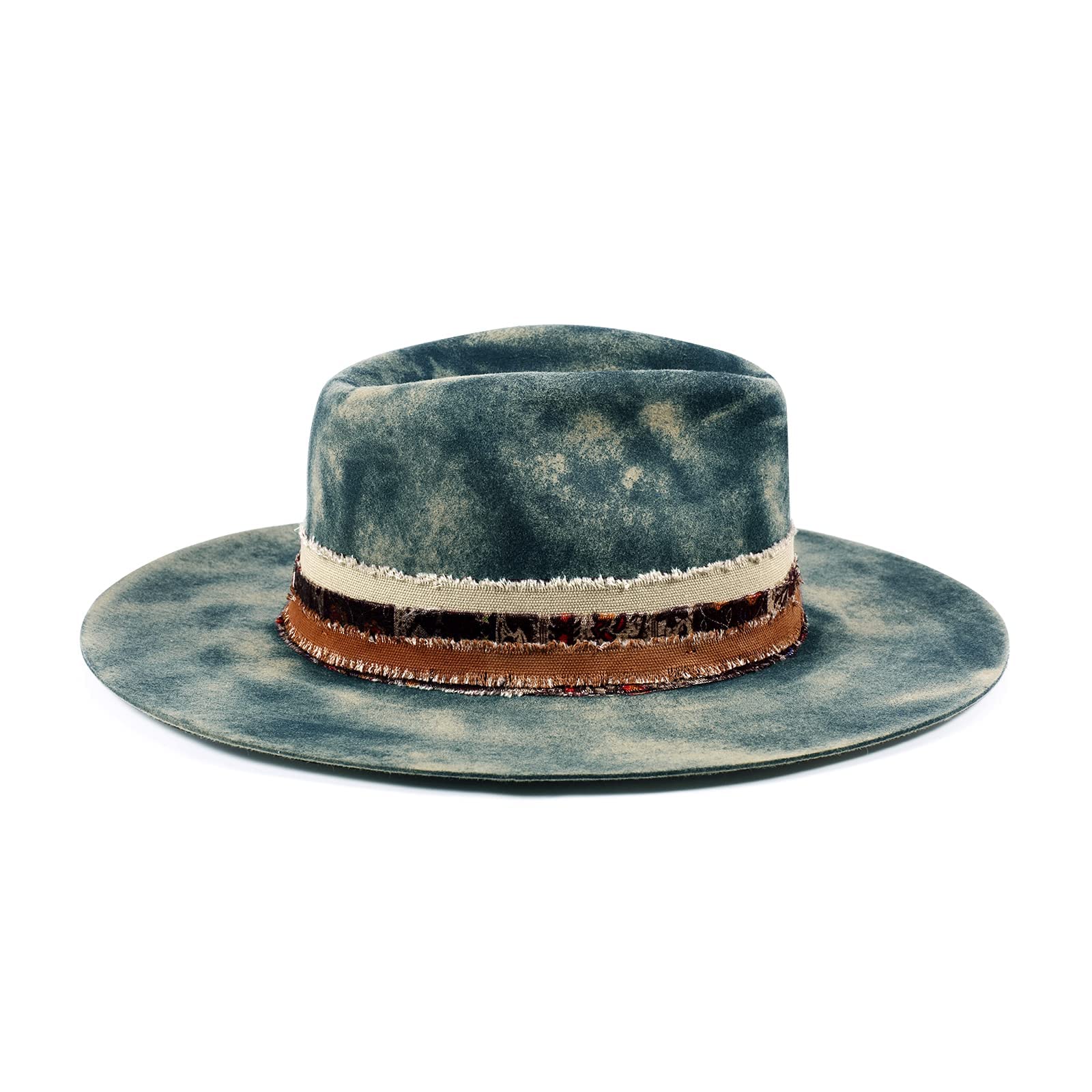 RUEDIGER Wide Brim Fedora Hats for Men Women 100% Wool Felt Panama Rancher Hat with Lightning Logo Distressed/Burned Handmade Navy