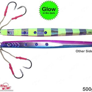 3pcs Glow Fish WOW!® 17.5oz Speed Knife jig 500g Fast Sinking Lure Fishing Vertical Trolling Jigging Fast Fall Metal Flat Bait with Two Assist Hook 3-Color