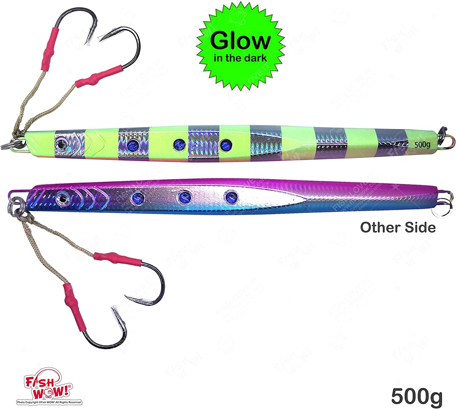 3pcs Glow Fish WOW!® 17.5oz Speed Knife jig 500g Fast Sinking Lure Fishing Vertical Trolling Jigging Fast Fall Metal Flat Bait with Two Assist Hook 3-Color