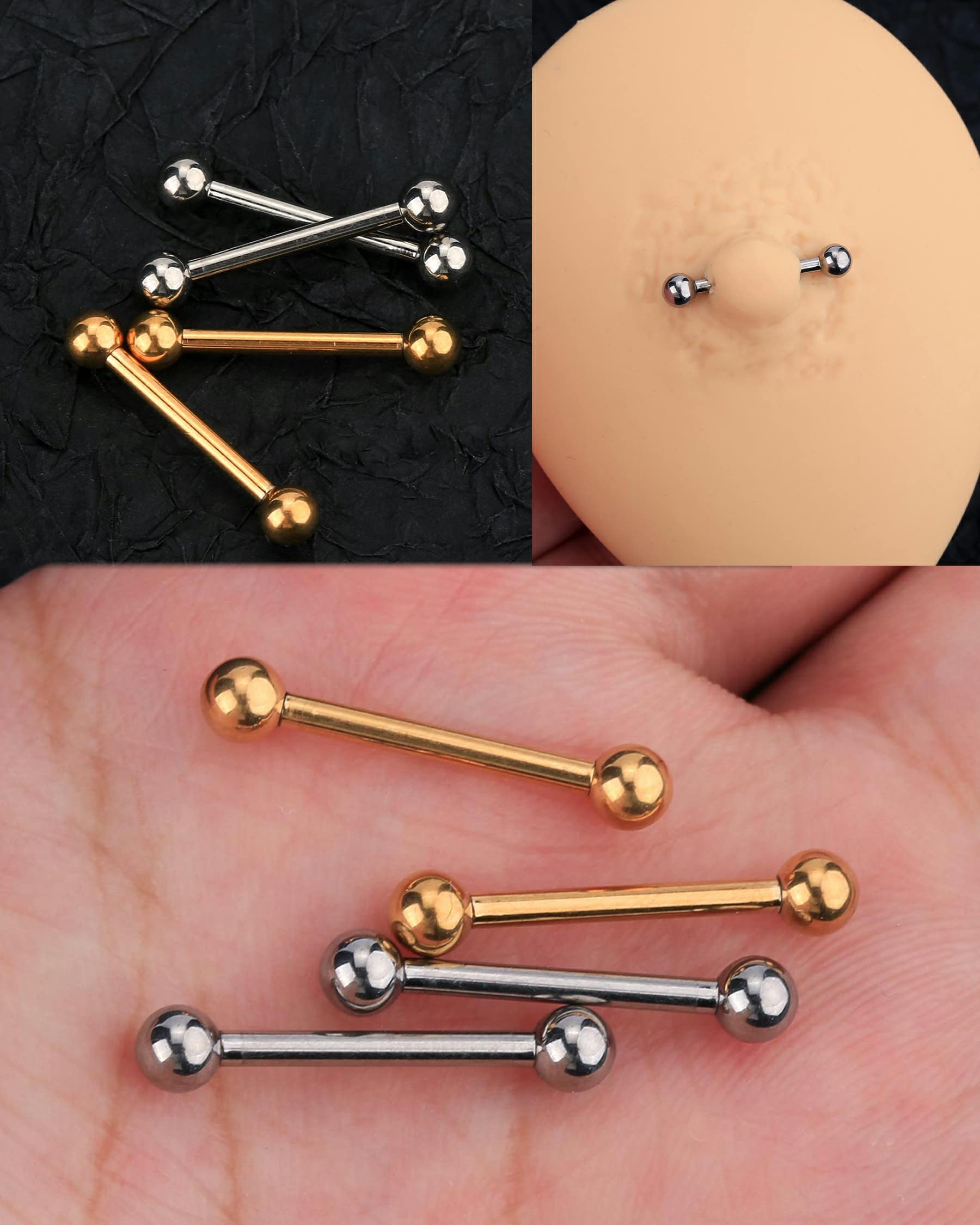 OUFER Nipple Piercing Jewelry, Titanium Nipple Rings, Internally Threaded 14G Straight Nipple Barbells Piercing Jewelry, Gold Nipple Jewelry for Women Men