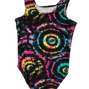 Destira Groovy Totally Tie Dye Girl's Gymnastic Leotard, Black With Multicolored Swirls, Ultra-Soft Leo With Matching Scrunchie, Child L (10)