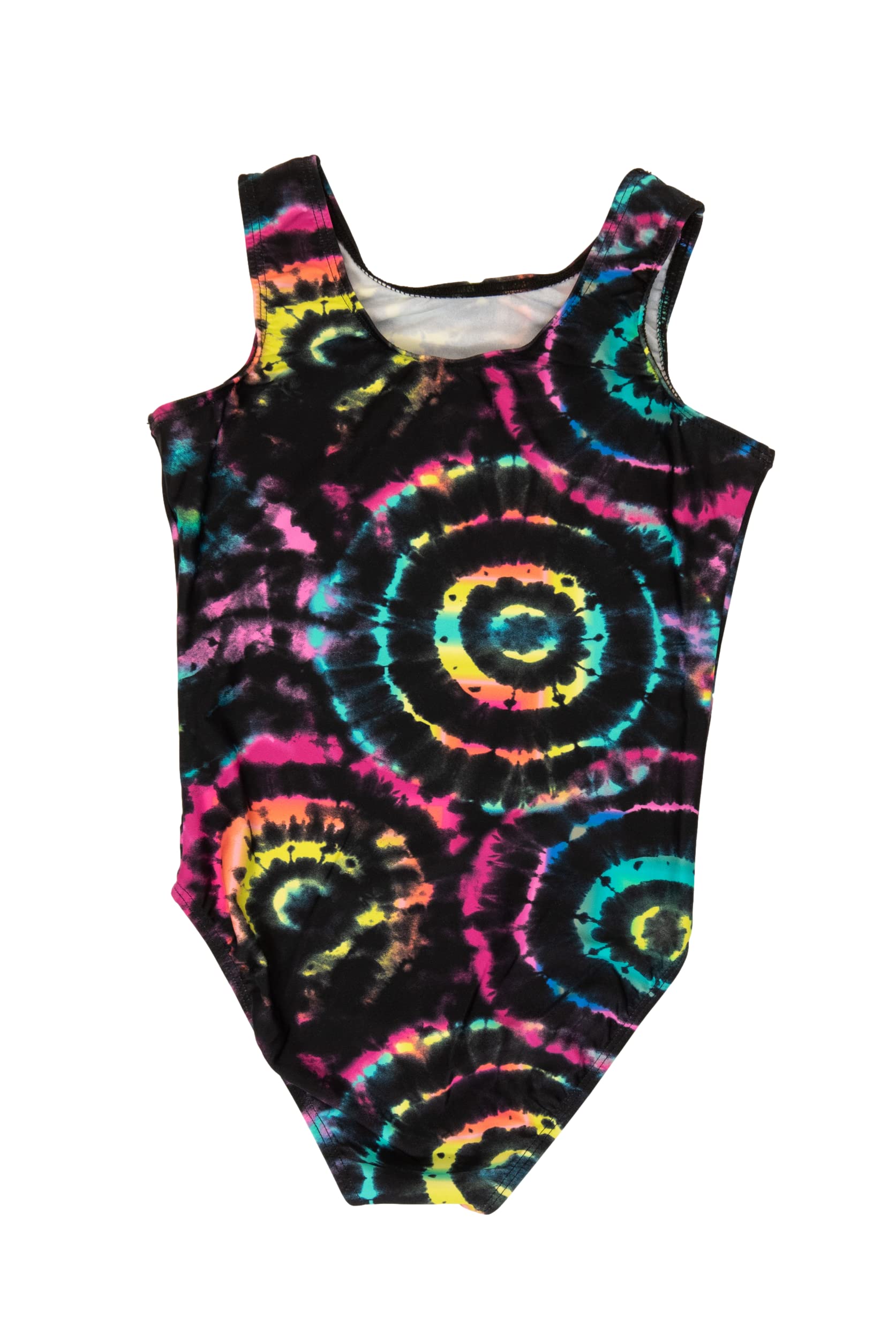 Destira Groovy Totally Tie Dye Girl's Gymnastic Leotard, Black With Multicolored Swirls, Ultra-Soft Leo With Matching Scrunchie, Child L (10)