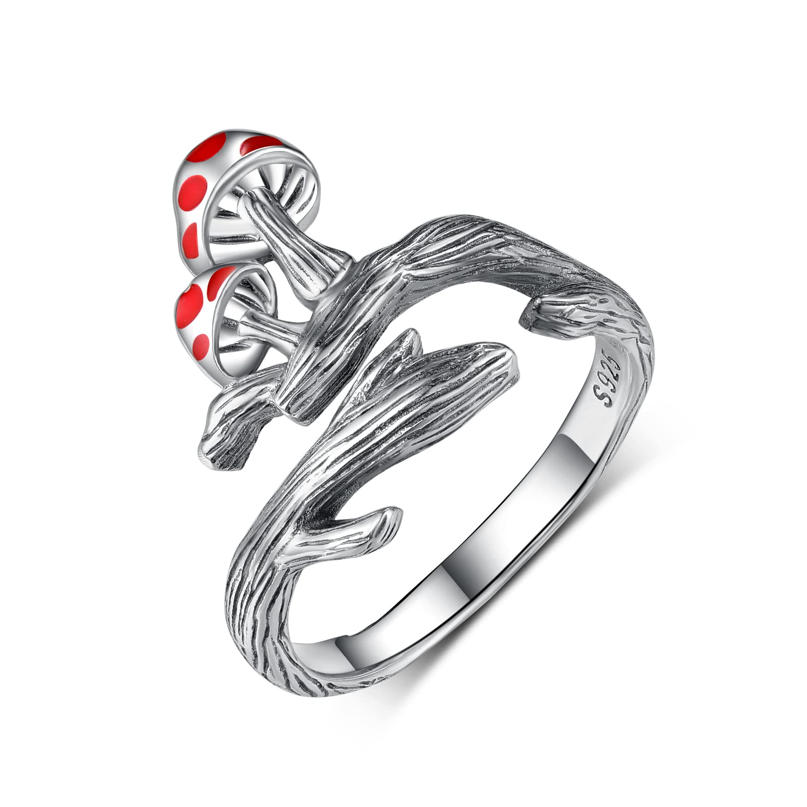 CVRAVO Mushroom Ring 925 Sterling Silver Red Mushroom Adjustable Open Ring Vintage Cute Nature Jewelry Gifts for Women