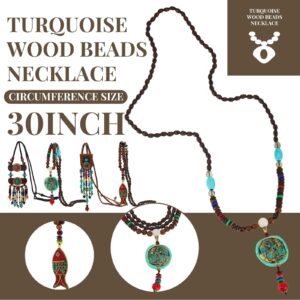 Bonuci 4 Pcs Long Boho Necklaces for Women Wood Beads Pendant Hippie Ethnic Necklace Turquoise Elephant Tribal Jewelry(Vibrant Style)