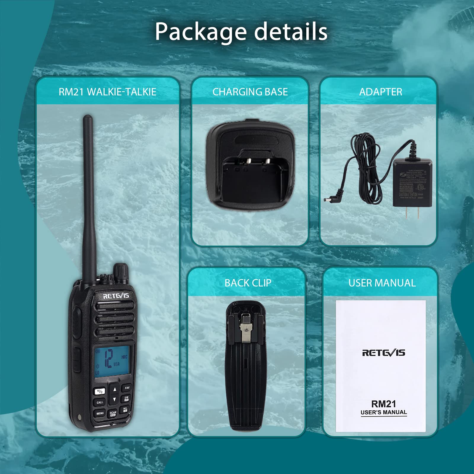 Retevis RM21 Handheld Marine Radio,Radio Marine Floating IP67 Submersible,Noise-Cancelling,1800mAh,Backlit LCD Display,NOAA Weather,Clear Audio,Boat Radio for Fishing Marine Construction