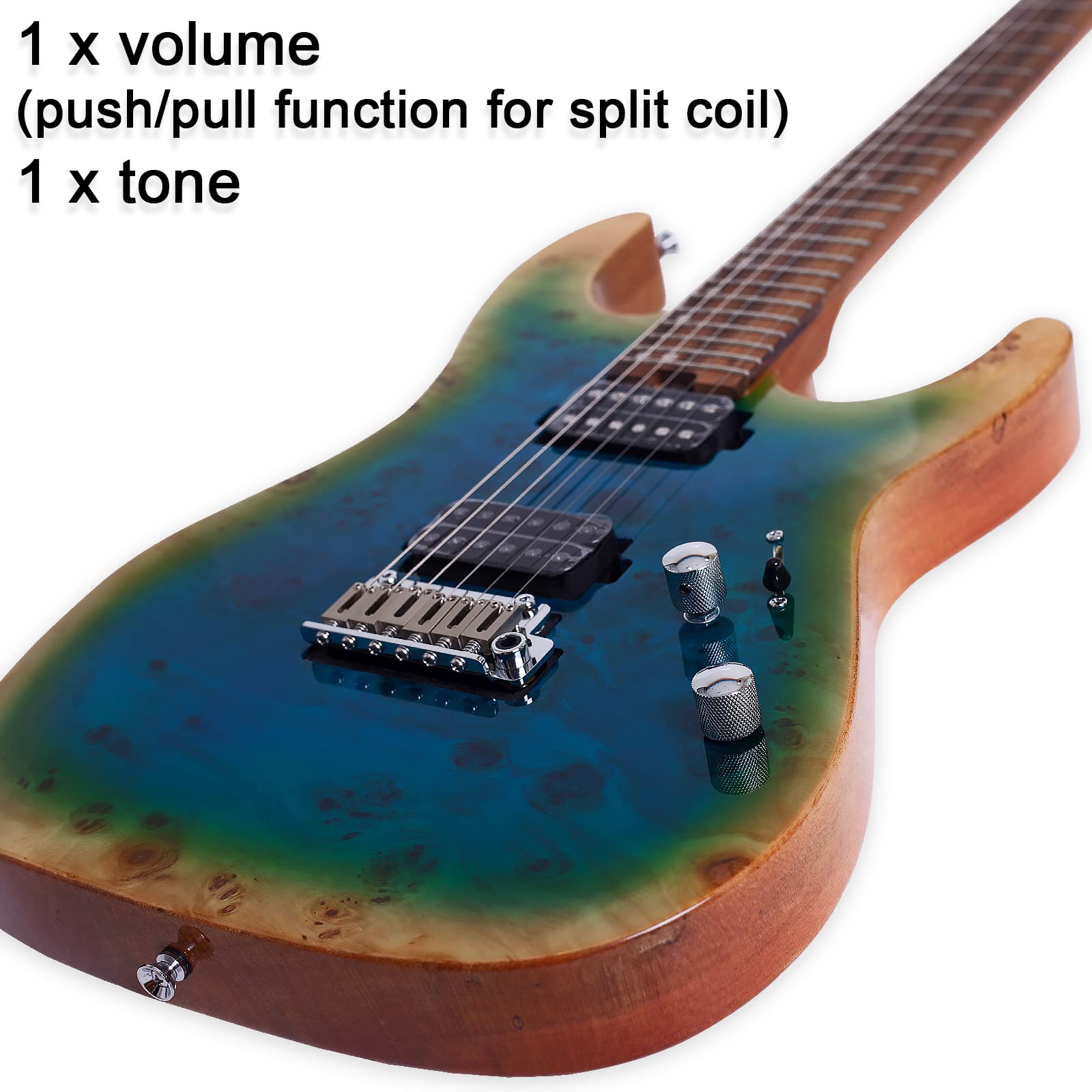 Boya&Ziqi BZK-024 Electric Guitar, Stainless Steel Frets (Hand Polished), Push-Pull Volume Control,5 Piece Roasted Maple/Maple Neck，Mahogany Body Topped with Burl Venner (Summer Ocean, Right)