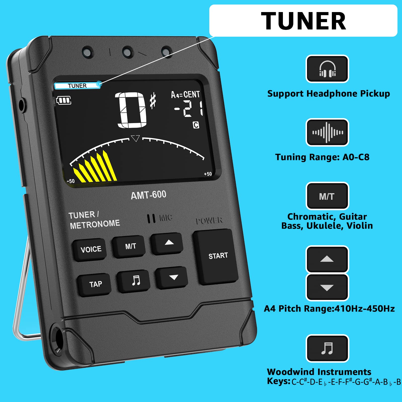 Ueteto Metronome Tuner for All Instruments, Rechargeable Digital Metronome with English Vocal Counting and TAP Function, Tuner with Guitar, Bass, Violin, Ukulele and Chromatic Tuning Modes