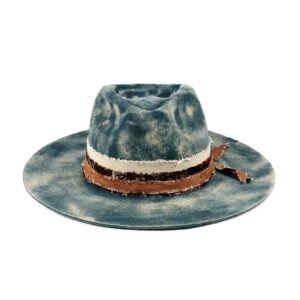 RUEDIGER Wide Brim Fedora Hats for Men Women 100% Wool Felt Panama Rancher Hat with Lightning Logo Distressed/Burned Handmade Navy