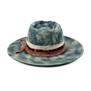 RUEDIGER Wide Brim Fedora Hats for Men Women 100% Wool Felt Panama Rancher Hat with Lightning Logo Distressed/Burned Handmade Navy