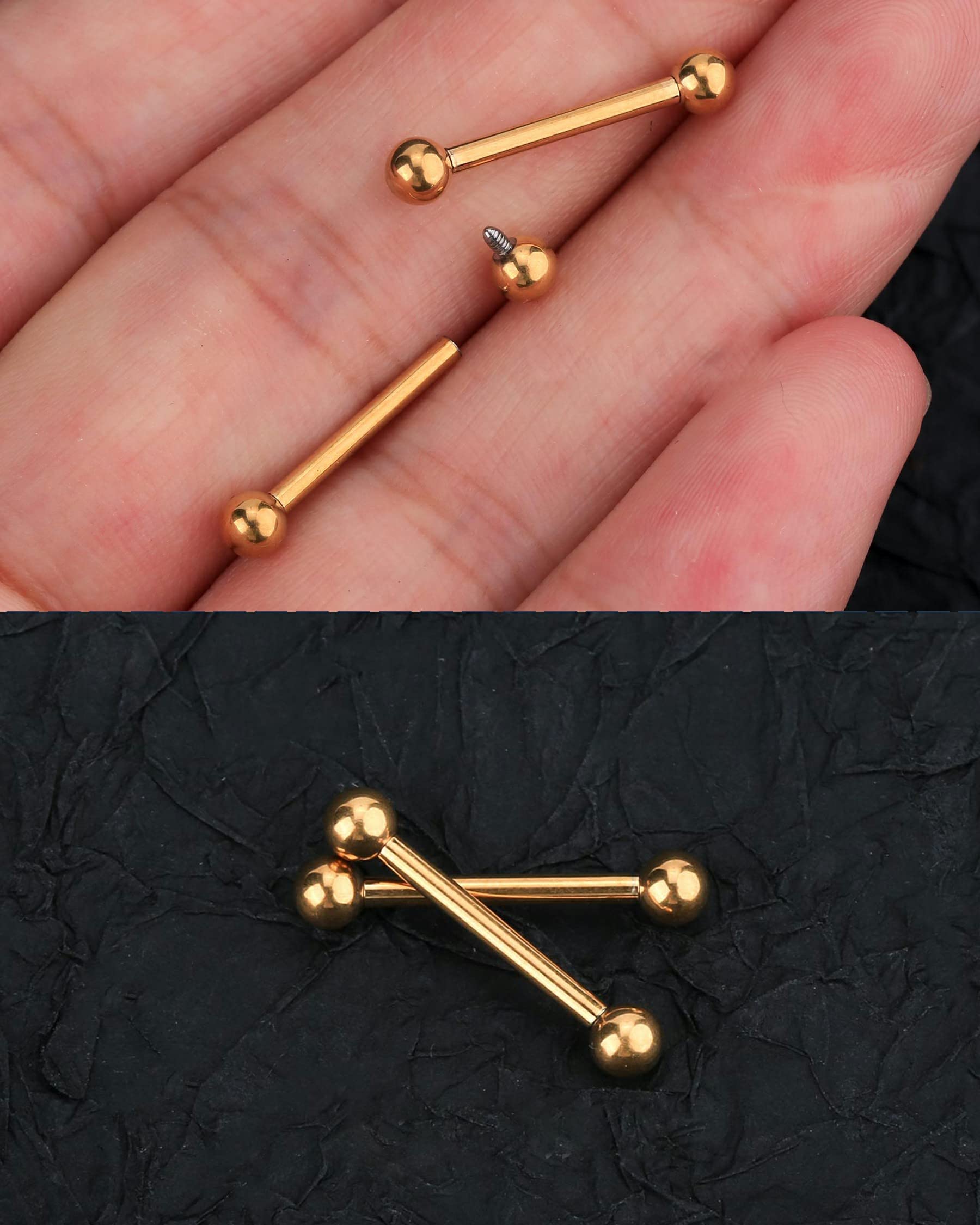 OUFER Nipple Piercing Jewelry, Titanium Nipple Rings, Internally Threaded 14G Straight Nipple Barbells Piercing Jewelry, Gold Nipple Jewelry for Women Men