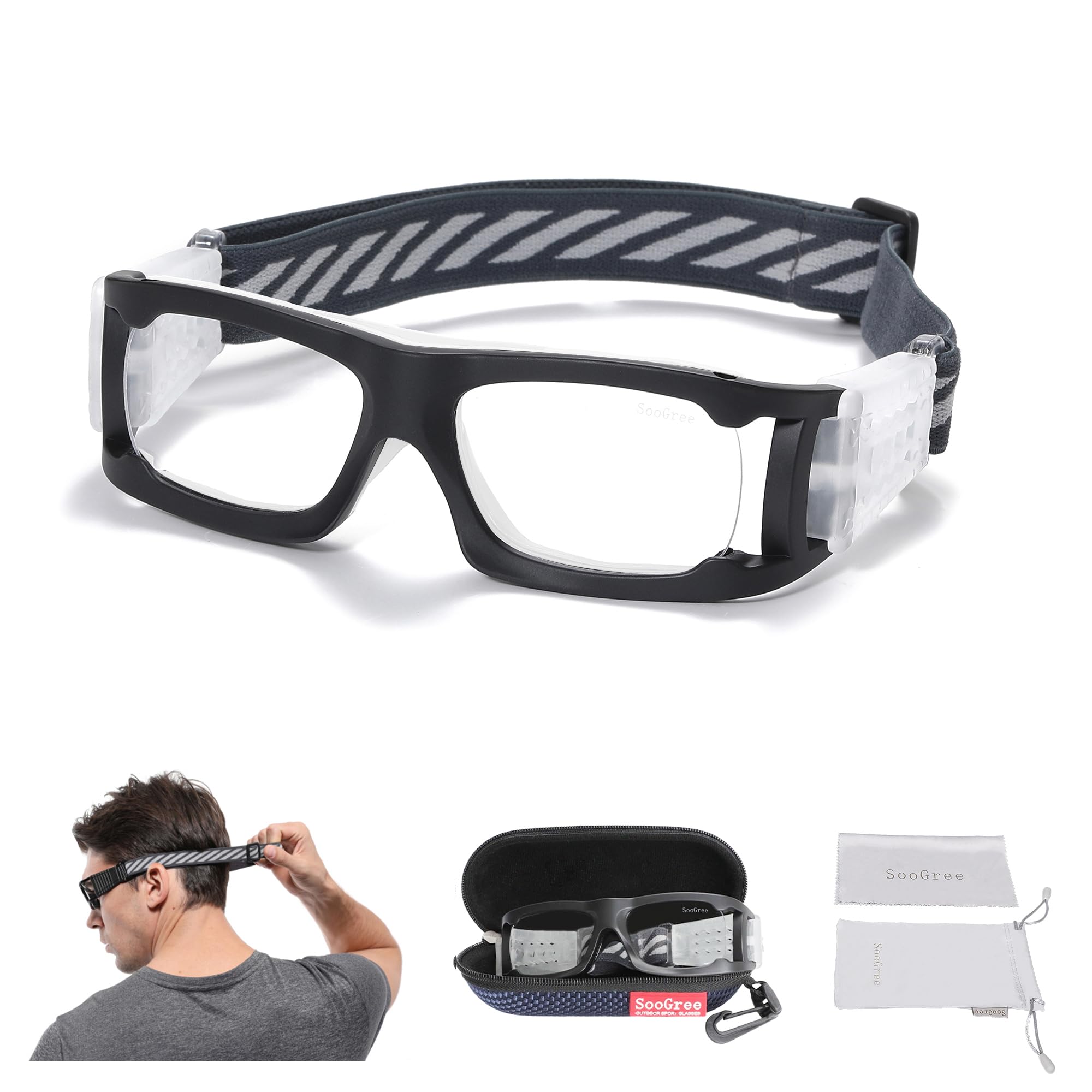 SooGree Basketball Goggles Anti Fog Protective Sports Goggles for Men (Matte black frame white pad)