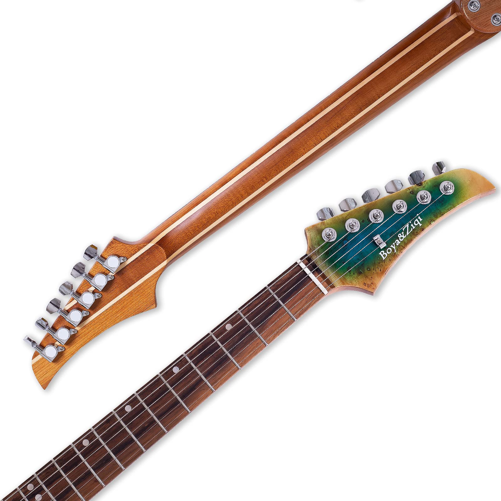 Boya&Ziqi BZK-024 Electric Guitar, Stainless Steel Frets (Hand Polished), Push-Pull Volume Control,5 Piece Roasted Maple/Maple Neck，Mahogany Body Topped with Burl Venner (Summer Ocean, Right)