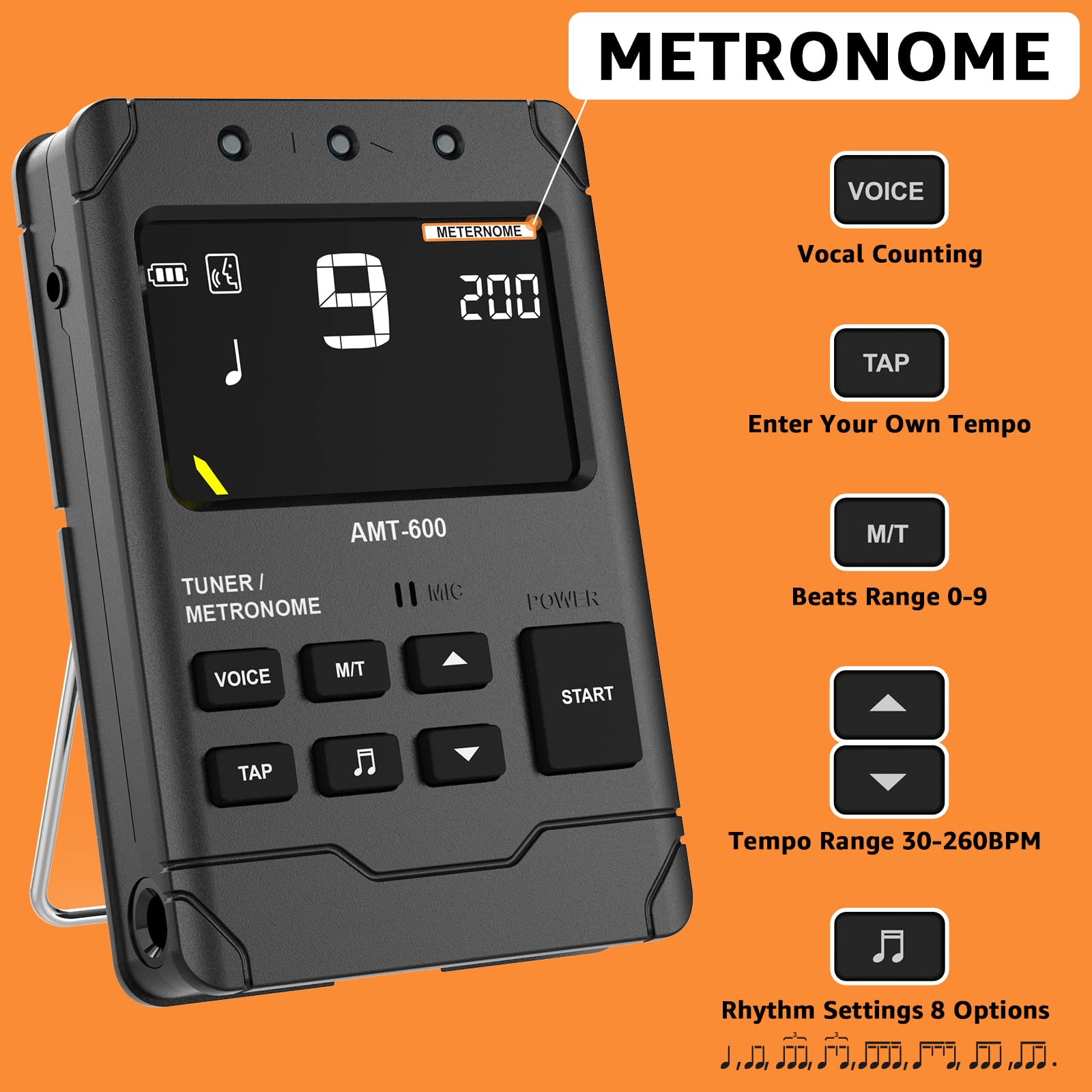 Ueteto Metronome Tuner for All Instruments, Rechargeable Digital Metronome with English Vocal Counting and TAP Function, Tuner with Guitar, Bass, Violin, Ukulele and Chromatic Tuning Modes