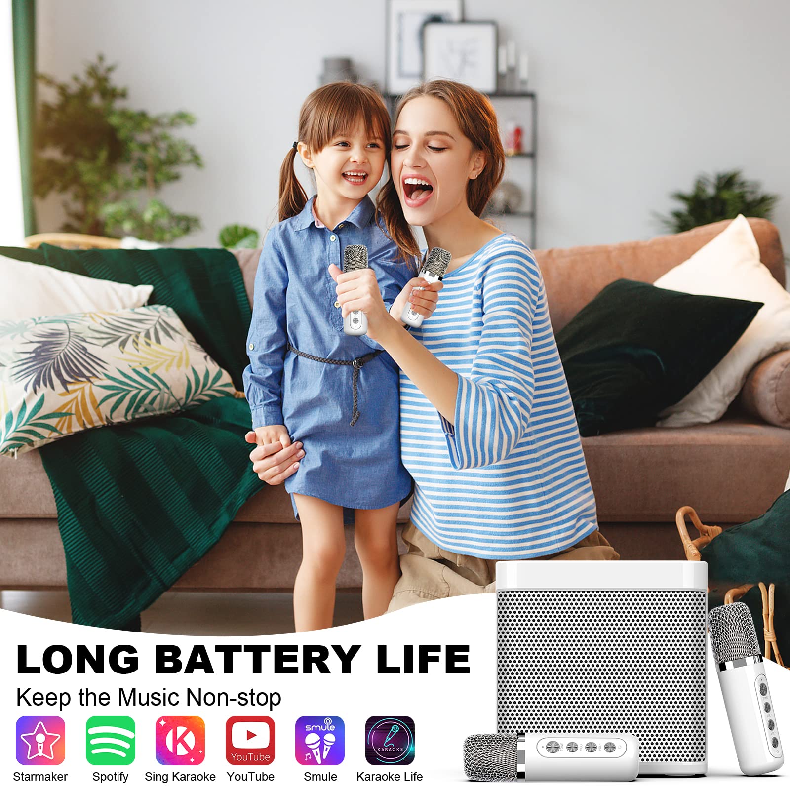 Fullife Karaoke Machine for Adults/Kids, Portable Bluetooth PA System with 2 Wireless Microphones, Home Speaker Echo/Vocal Cut, Singing Parties, Meetings, Picnic, White, (YS203)