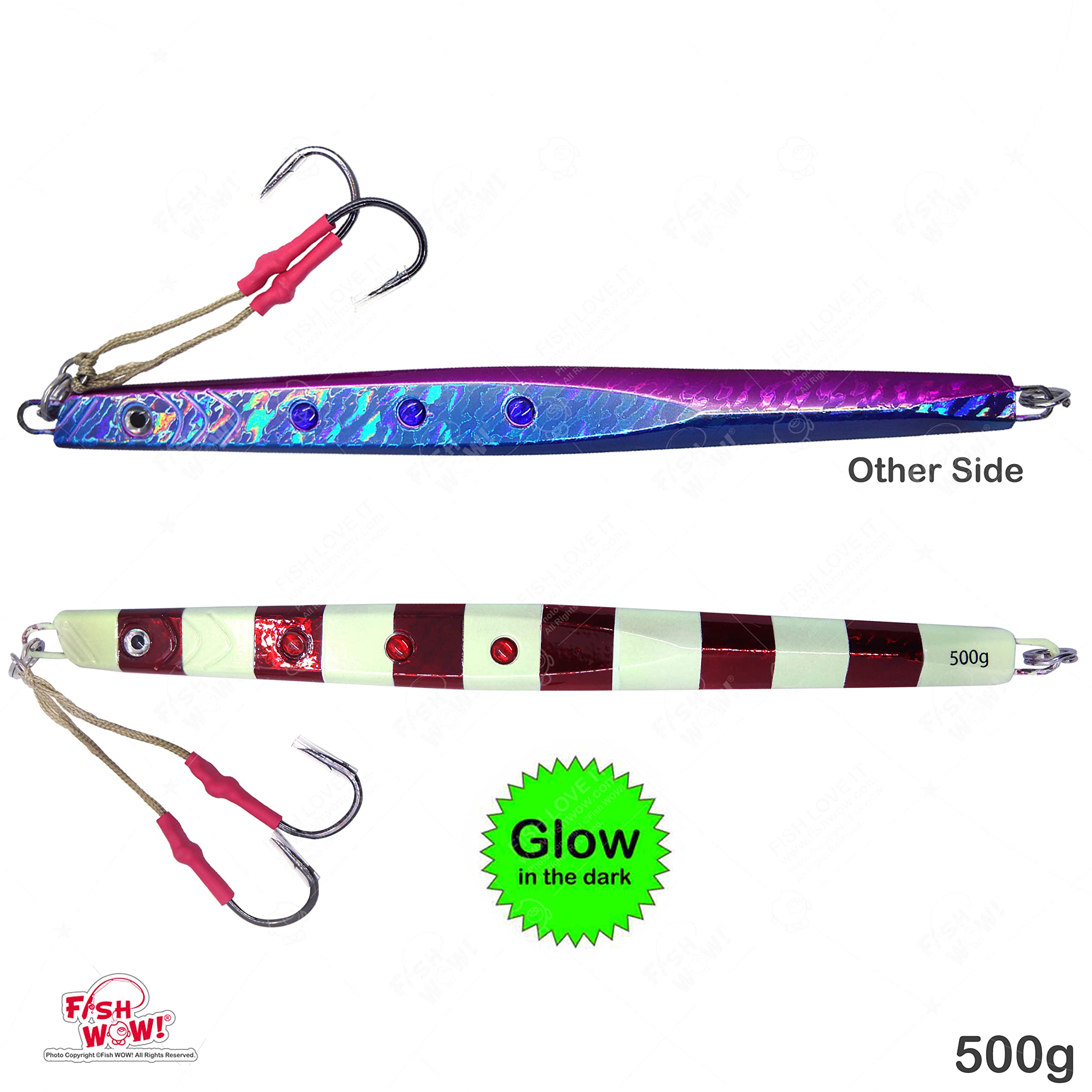 3pcs Glow Fish WOW!® 17.5oz Speed Knife jig 500g Fast Sinking Lure Fishing Vertical Trolling Jigging Fast Fall Metal Flat Bait with Two Assist Hook 3-Color