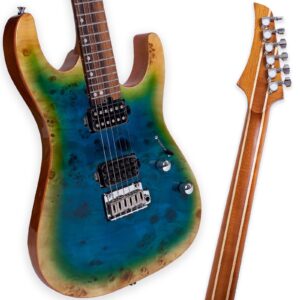 Boya&Ziqi BZK-024 Electric Guitar, Stainless Steel Frets (Hand Polished), Push-Pull Volume Control,5 Piece Roasted Maple/Maple Neck，Mahogany Body Topped with Burl Venner (Summer Ocean, Right)