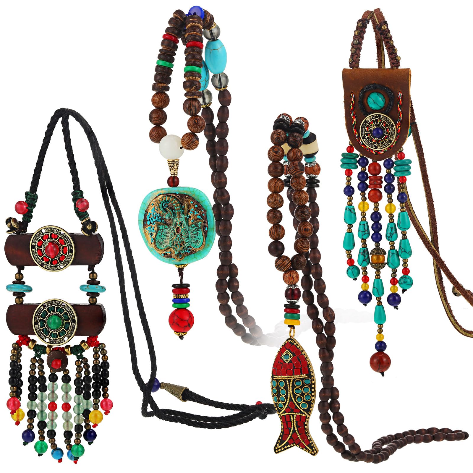 Bonuci 4 Pcs Long Boho Necklaces for Women Wood Beads Pendant Hippie Ethnic Necklace Turquoise Elephant Tribal Jewelry(Vibrant Style)