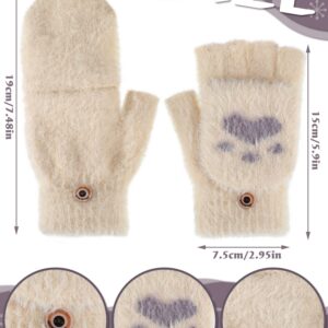 Bencailor 3 Pairs Winter Fingerless Gloves Warm Convertible Mittens Flap Cover Cat Paw Gloves for Women Cold Weather Cosplay (Dark Gray, White, Light Khaki)