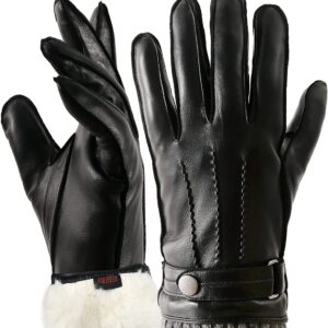 VIKIDEER Super Warm Fur Gloves Mens Leather Gloves Real Rabbit Fur Lined Touchscreen Driving Gloves Black Large