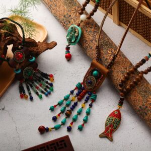 Bonuci 4 Pcs Long Boho Necklaces for Women Wood Beads Pendant Hippie Ethnic Necklace Turquoise Elephant Tribal Jewelry(Vibrant Style)