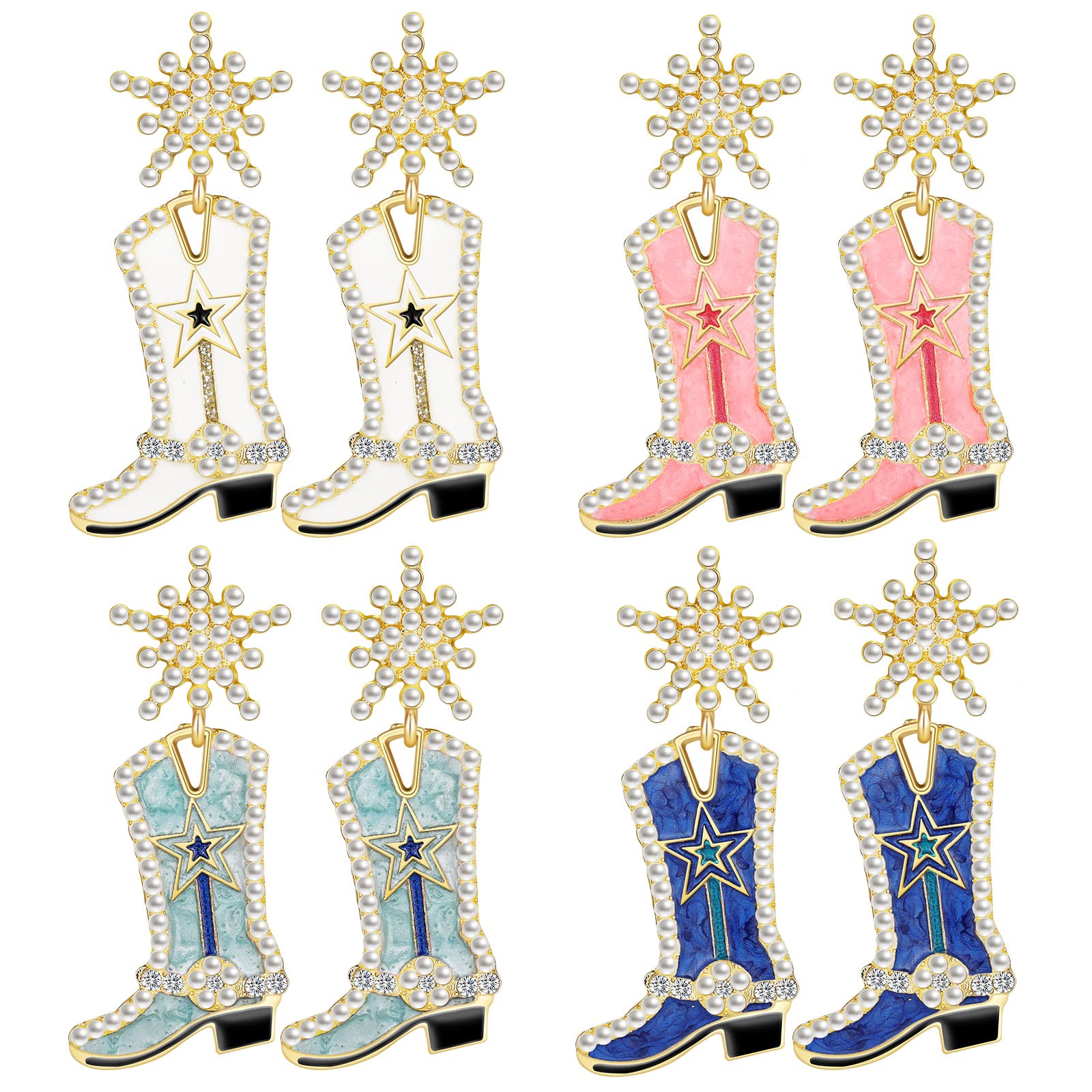 4 Pairs Beaded Boot Earrings Cowgirl Cowboy Earrings Country Y2k Western Jewelry Rhinestone Beads Shoes Dangle Drop Earrings for Women Halloween Party(Snowflower)