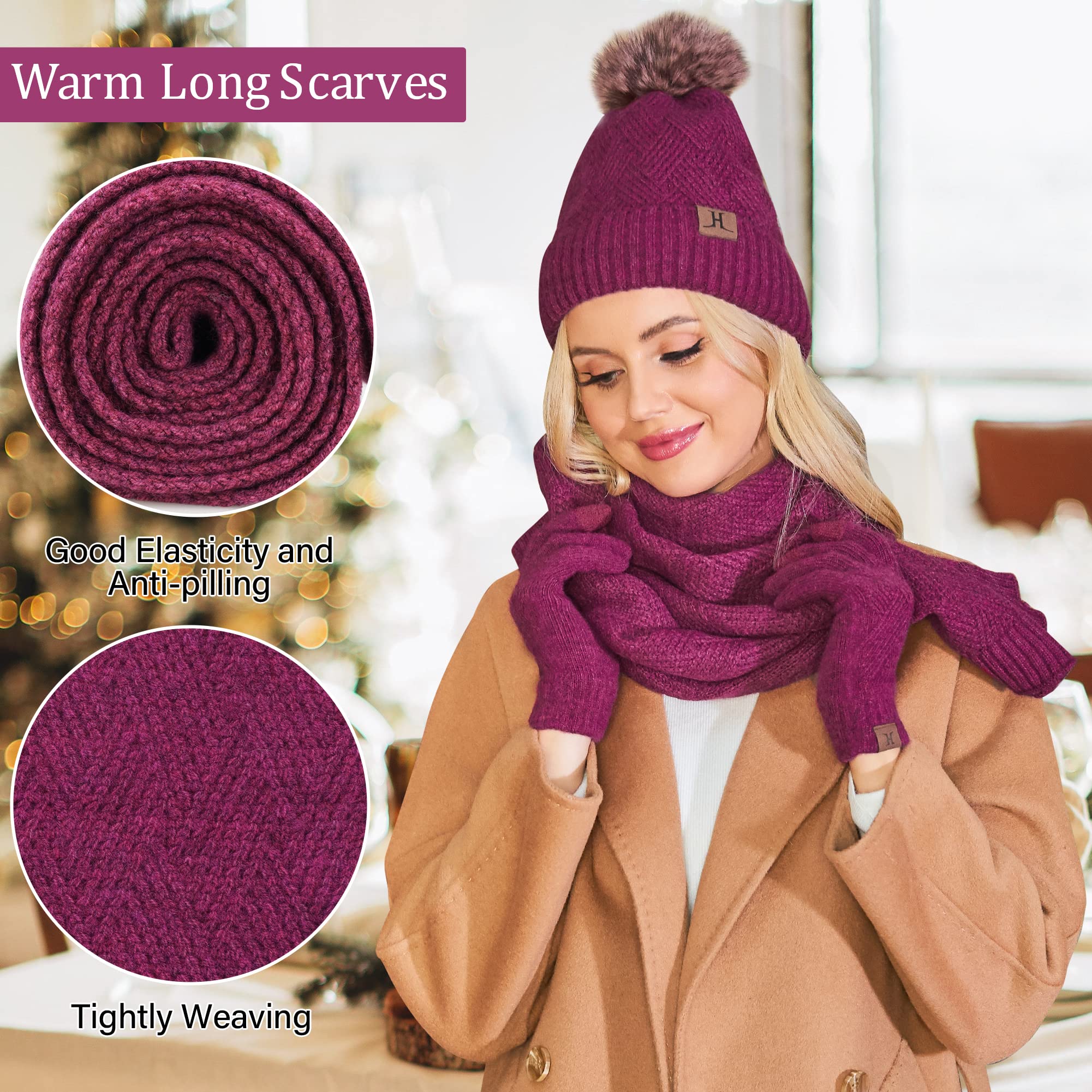 Womens Winter Warm Knit Beanie Hat Long Scarf Touchscreen Gloves Set with Fleece Lined Pom Skull Cap Gifts for Women