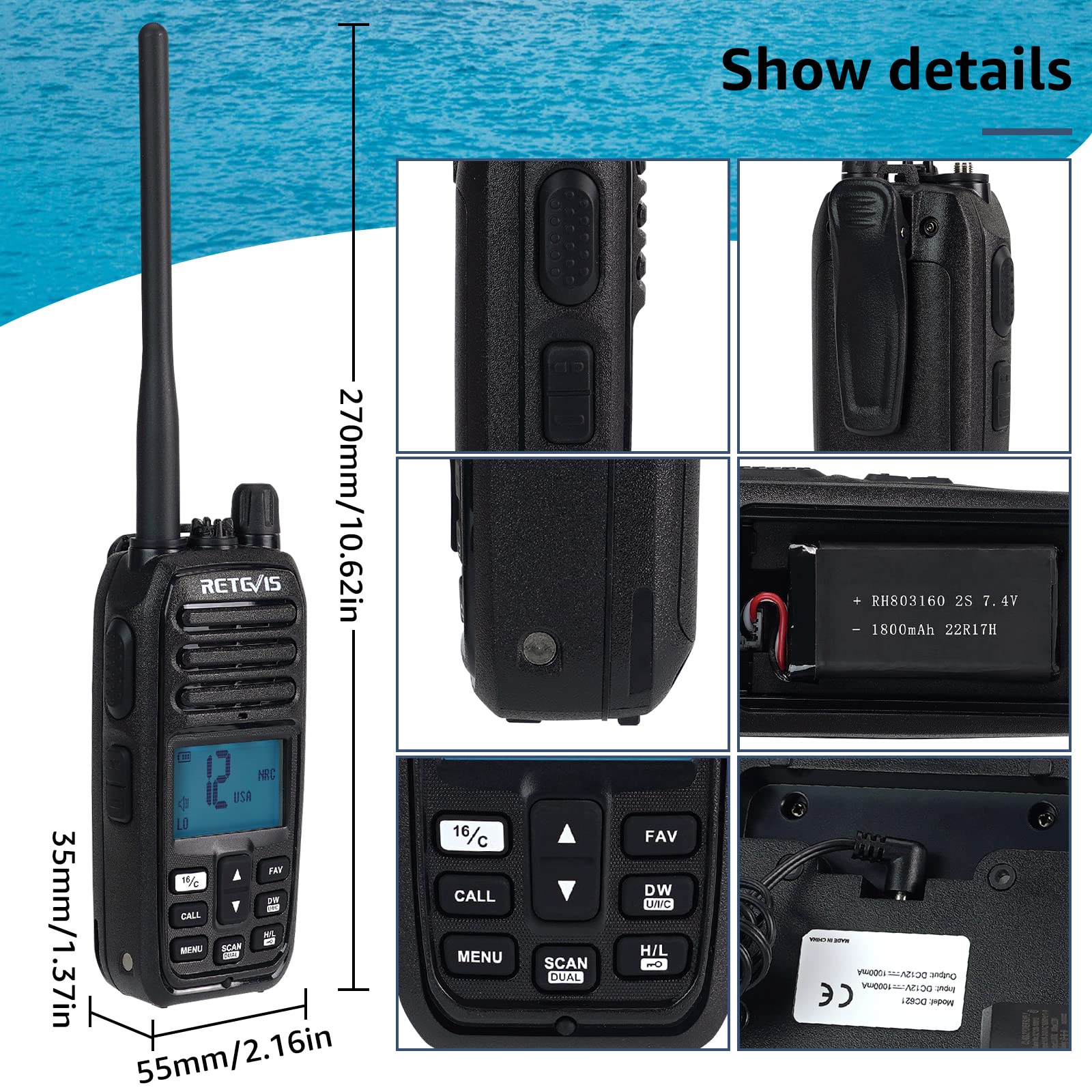 Retevis RM21 Handheld Marine Radio,Radio Marine Floating IP67 Submersible,Noise-Cancelling,1800mAh,Backlit LCD Display,NOAA Weather,Clear Audio,Boat Radio for Fishing Marine Construction