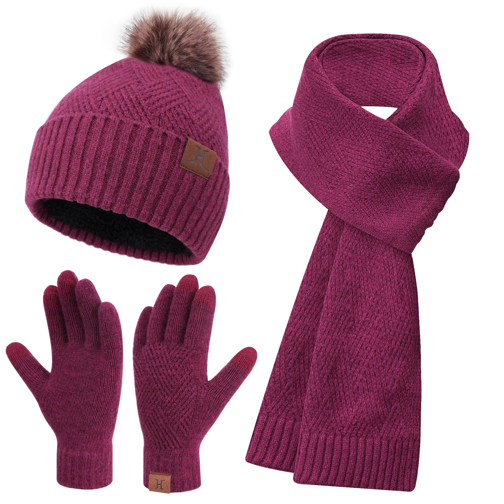 Womens Winter Warm Knit Beanie Hat Long Scarf Touchscreen Gloves Set with Fleece Lined Pom Skull Cap Gifts for Women