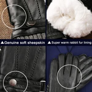 VIKIDEER Super Warm Fur Gloves Mens Leather Gloves Real Rabbit Fur Lined Touchscreen Driving Gloves Black Large