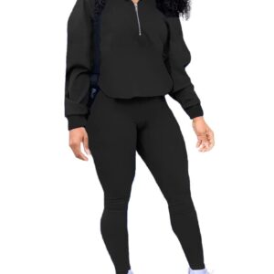 EOSIEDUR Women's Solid Sweatsuit Set Two Piece Long Sleeve Pullover and Waistband Sweatpants Sport Outfits Sets, Black Large