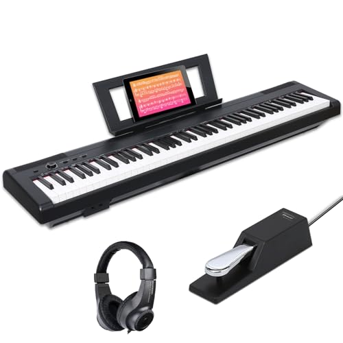 AODSK Weighted Piano 88-Key Beginner Digital Piano,Full Size Weighted keyboard with Hammer Action,with Sustain Pedal,2x25W Stereo Speakers,MP3 Function,Piano Lessons,Black,S-200