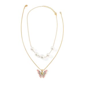 Pearl Butterfly Necklaces for Women - Dainty Enamel Fairy Butterfly Pendant Faux Pearl Collar Choker Necklace Set (Gold Plated Color)