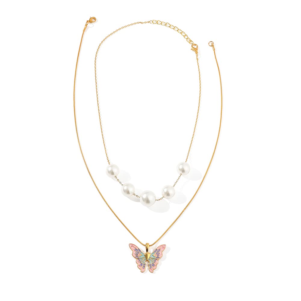 Pearl Butterfly Necklaces for Women - Dainty Enamel Fairy Butterfly Pendant Faux Pearl Collar Choker Necklace Set (Gold Plated Color)