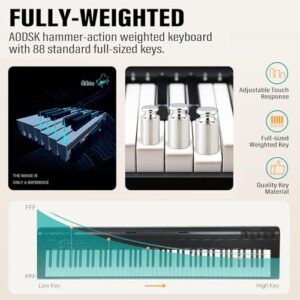 AODSK Weighted Piano 88-Key Beginner Digital Piano,Full Size Weighted keyboard with Hammer Action,with Sustain Pedal,2x25W Stereo Speakers,MP3 Function,Piano Lessons,Black,S-200