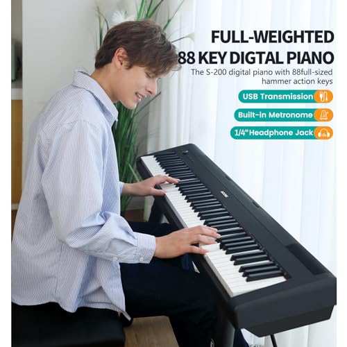 AODSK Weighted Piano 88-Key Beginner Digital Piano,Full Size Weighted keyboard with Hammer Action,with Sustain Pedal,2x25W Stereo Speakers,MP3 Function,Piano Lessons,Black,S-200