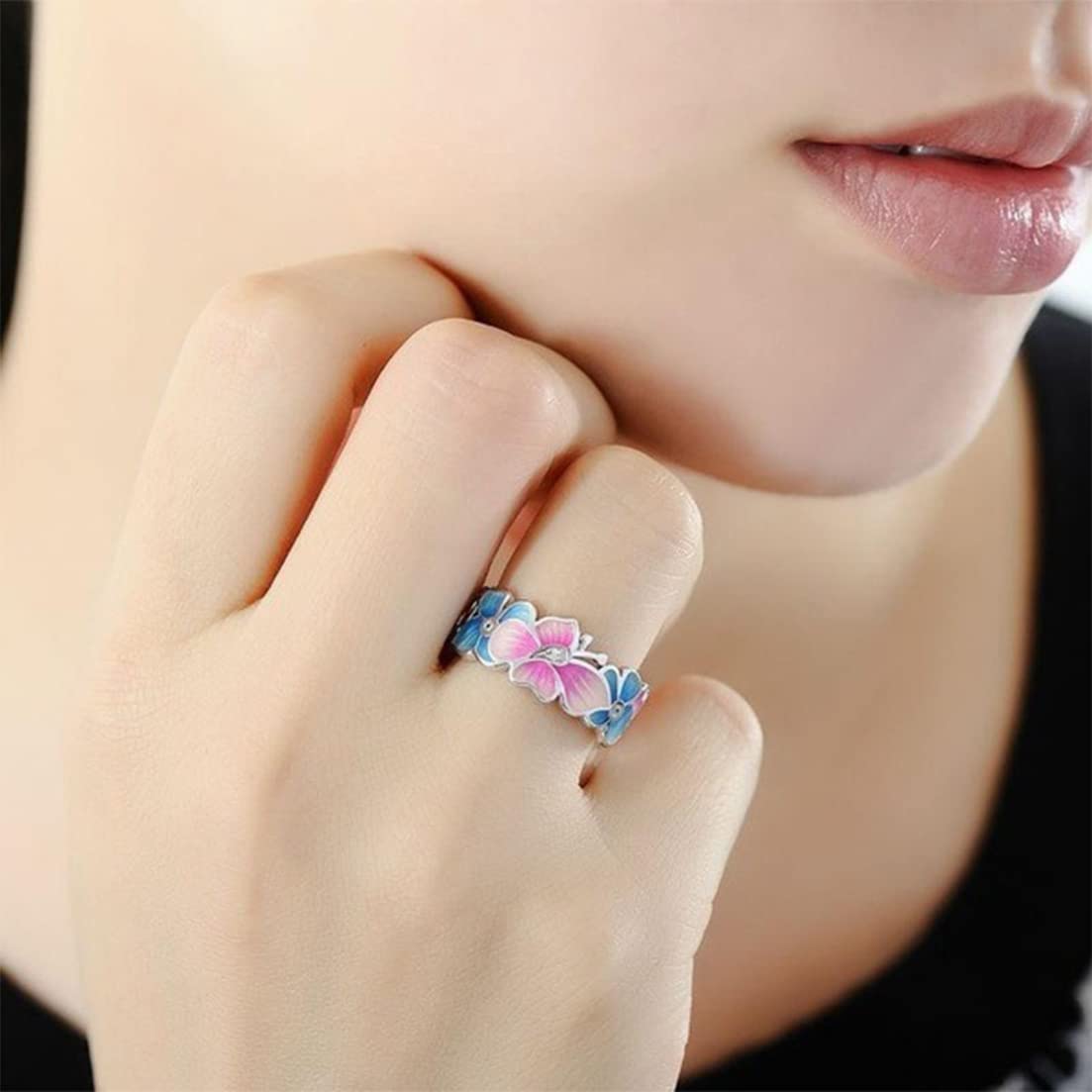 MYLYAHY Fashion Flower Butterfly Statement Band Ring,Thick Silver Plated Dainty Colorful Floral Enamel Band Ring Jewelry Gift for Women Girls (Ring_A, 10)