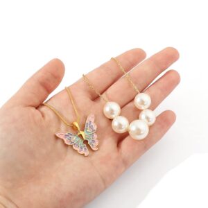 Pearl Butterfly Necklaces for Women - Dainty Enamel Fairy Butterfly Pendant Faux Pearl Collar Choker Necklace Set (Gold Plated Color)