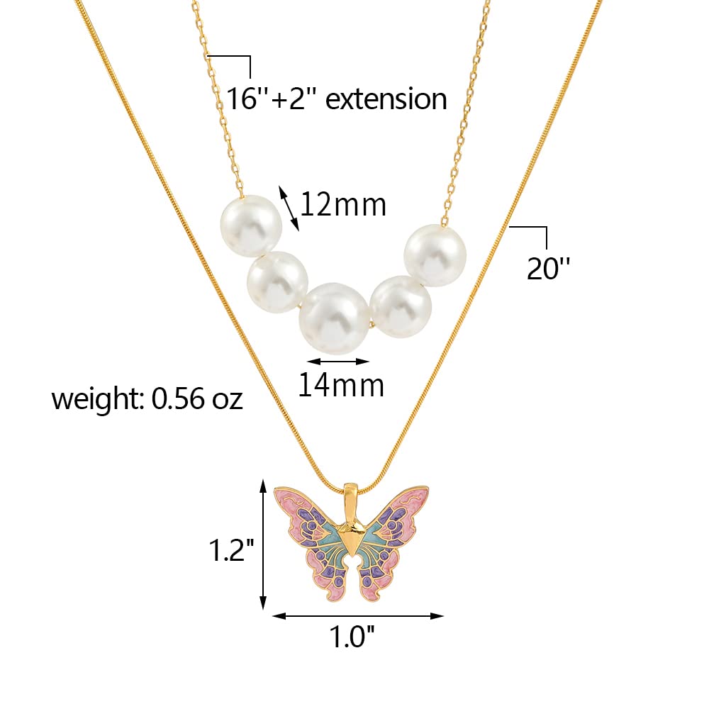 Pearl Butterfly Necklaces for Women - Dainty Enamel Fairy Butterfly Pendant Faux Pearl Collar Choker Necklace Set (Gold Plated Color)