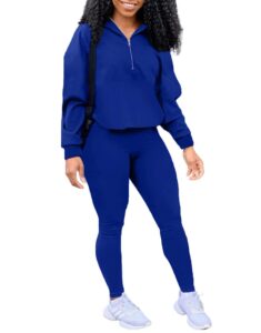 eosiedur women's solid sweatsuit set two piece long sleeve pullover and waistband sweatpants sport outfits sets, blue x-large