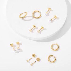 Minimalist Earring Sets for Multiple Piercing|14K Gold Plated Flat Screw Back Studs and Hoops Set for Women:Small Hoops,Flat back Pearl and CZ Earrings Studs for Cartilage,Helix,Lobe,Pack of 6 Pairs